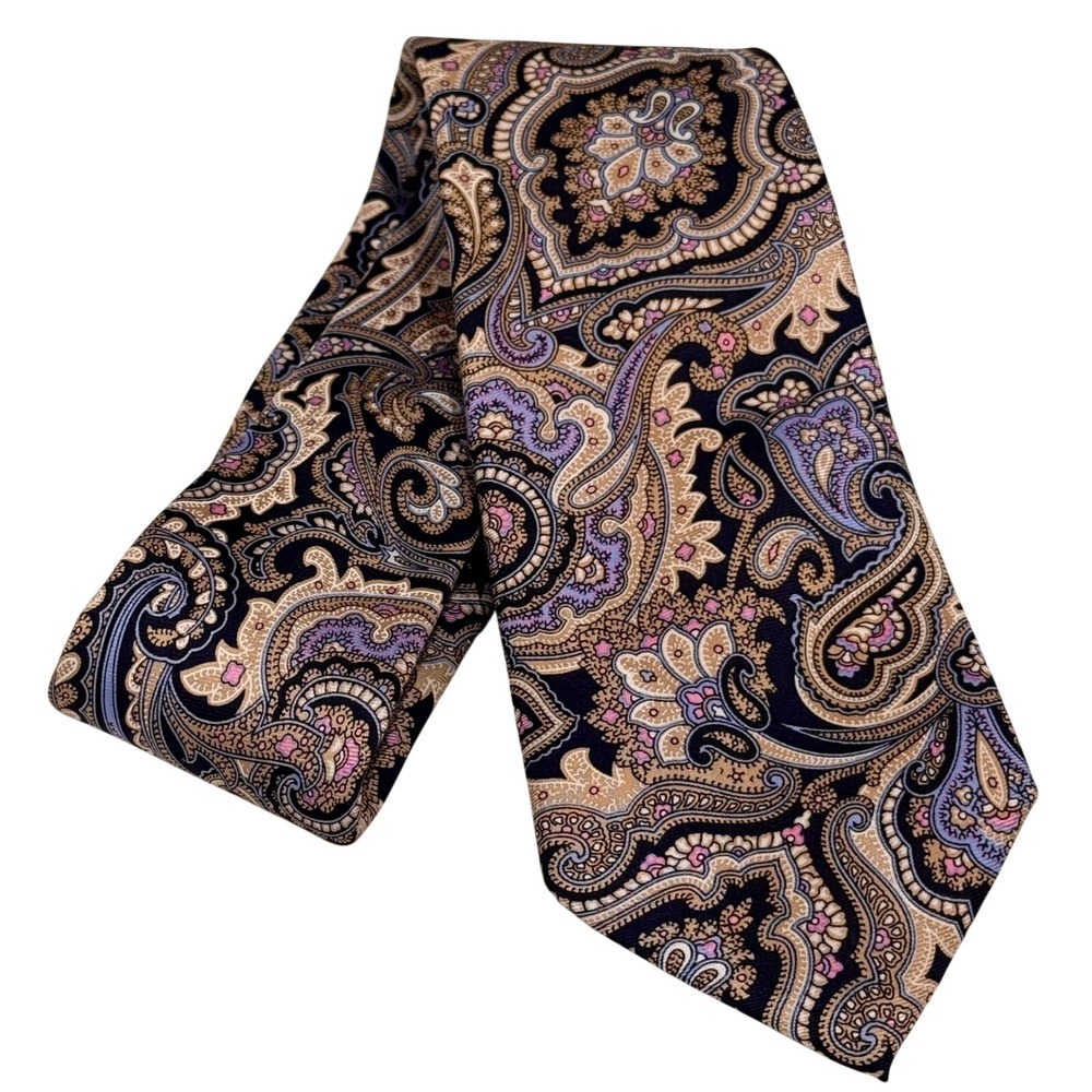 Saddlebred Mens Extra Long Silk Tie Navy Blue Tan Lavender Paisley XL Necktie